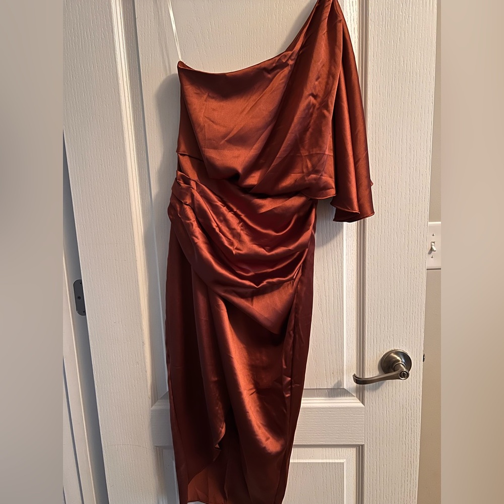One shoulder orange satin dress